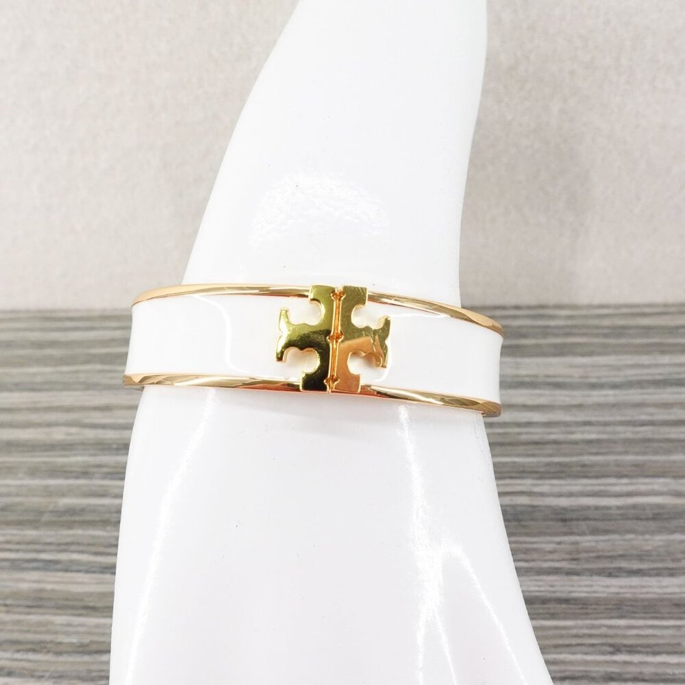 Tory Burch Enameled Kira Logo Hinged Bracelet Gold/ Ivory OS - Picture 5 of 10